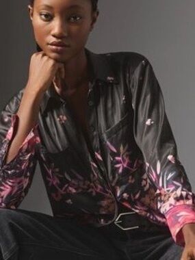 Anthropologie Black Button-Up Shirt with Pink Accents - Sz. XL - NWT